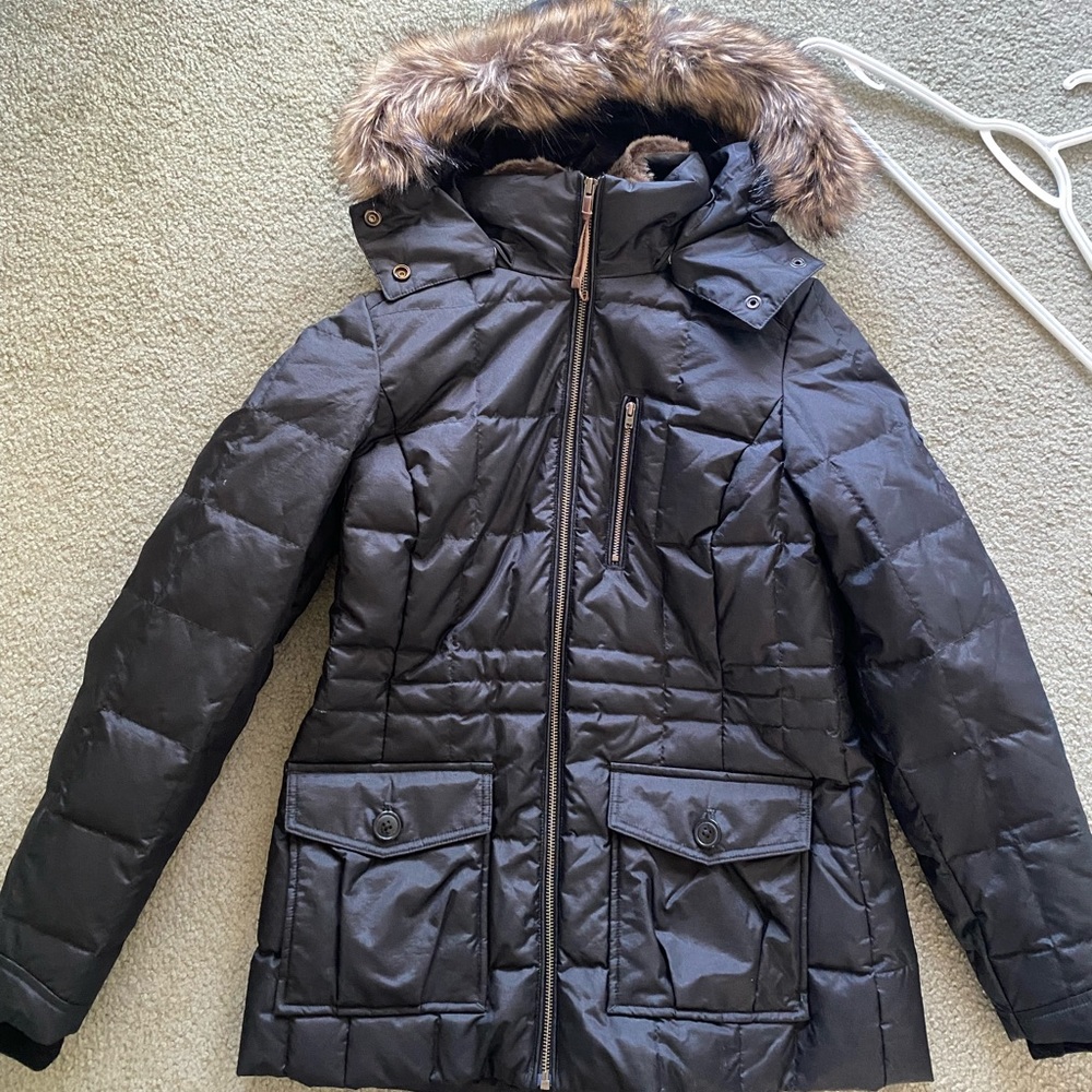 Eddie Bauer Black Quilted Jacket with Faux Fur Trim